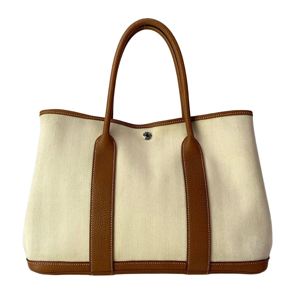 Hermès Garden Party PM Tote Bag Beige Gold Toile chevron Leather